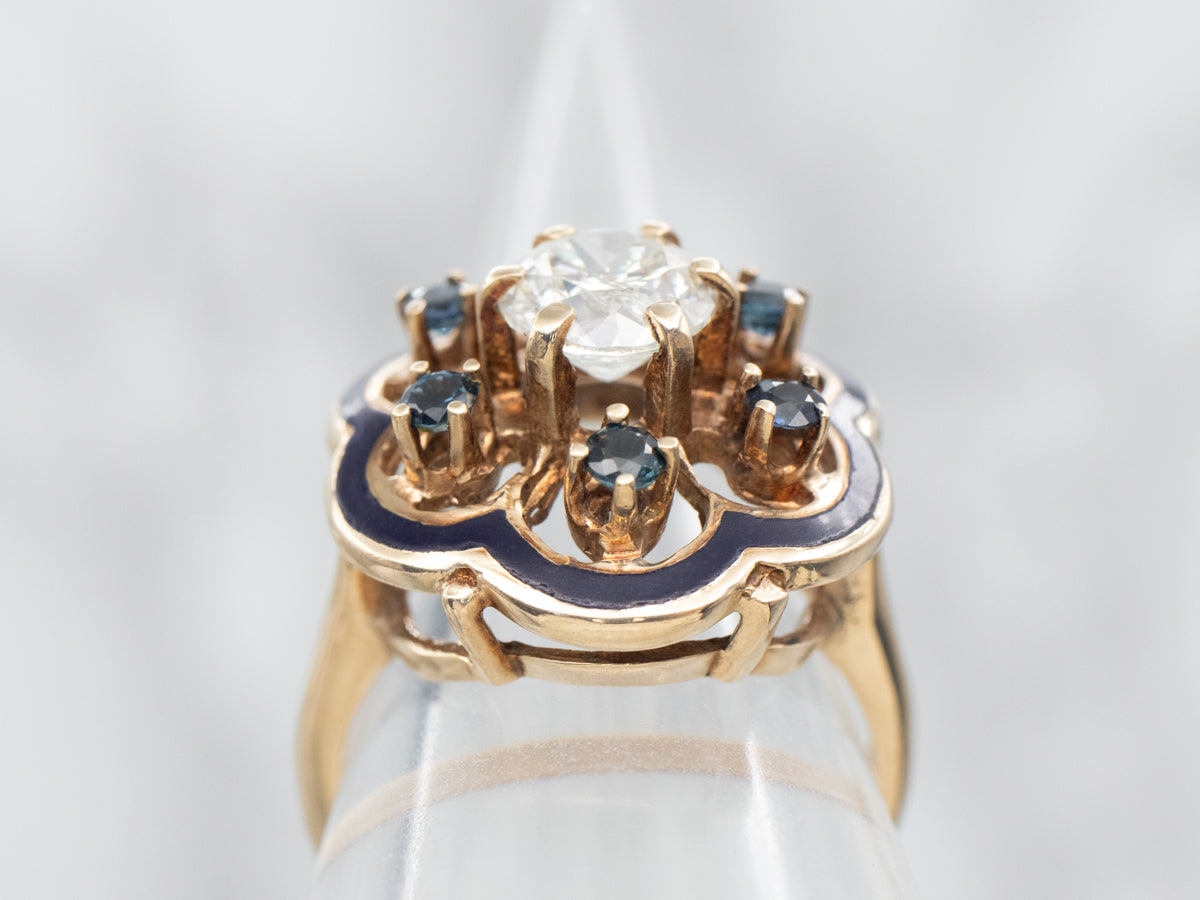 Vintage Diamond and Sapphire Enamel Flower Ring
