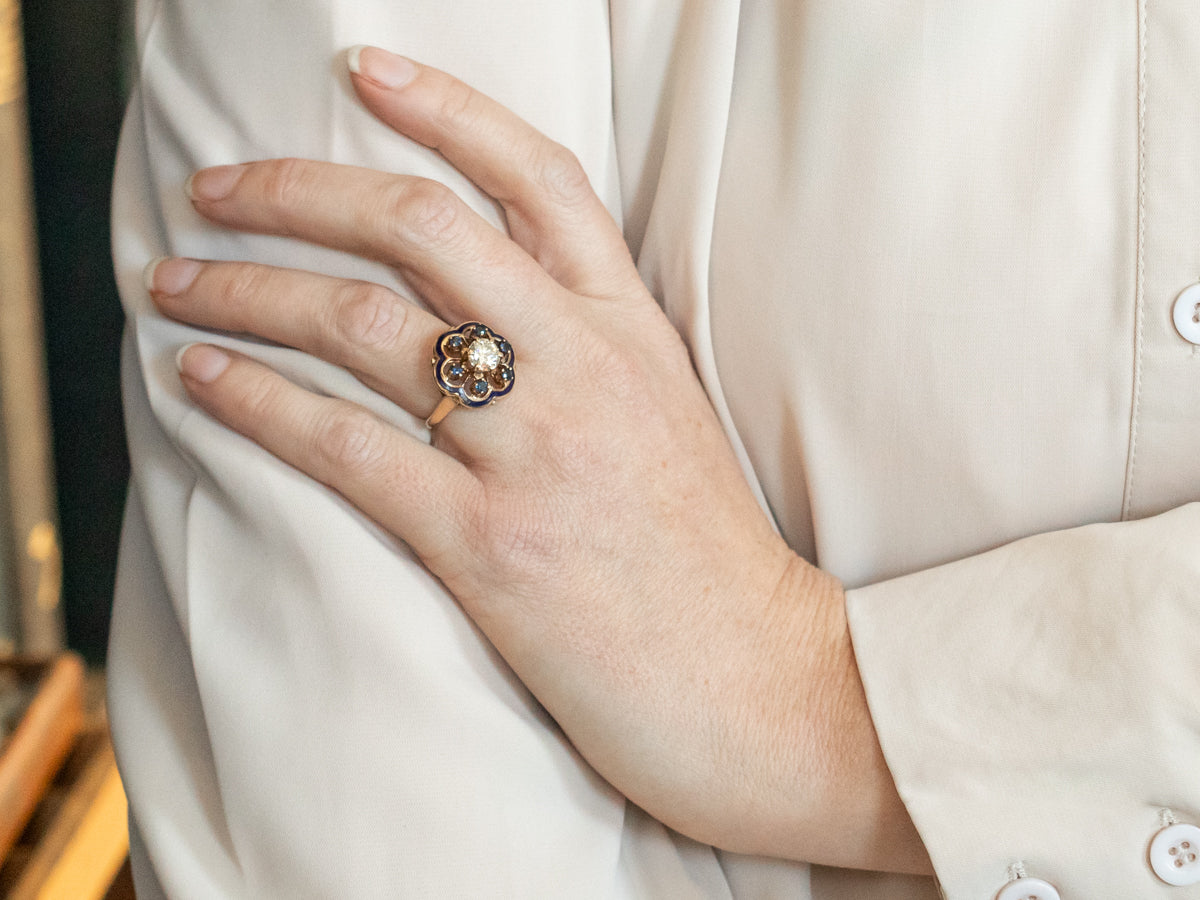 Vintage Diamond and Sapphire Enamel Flower Ring