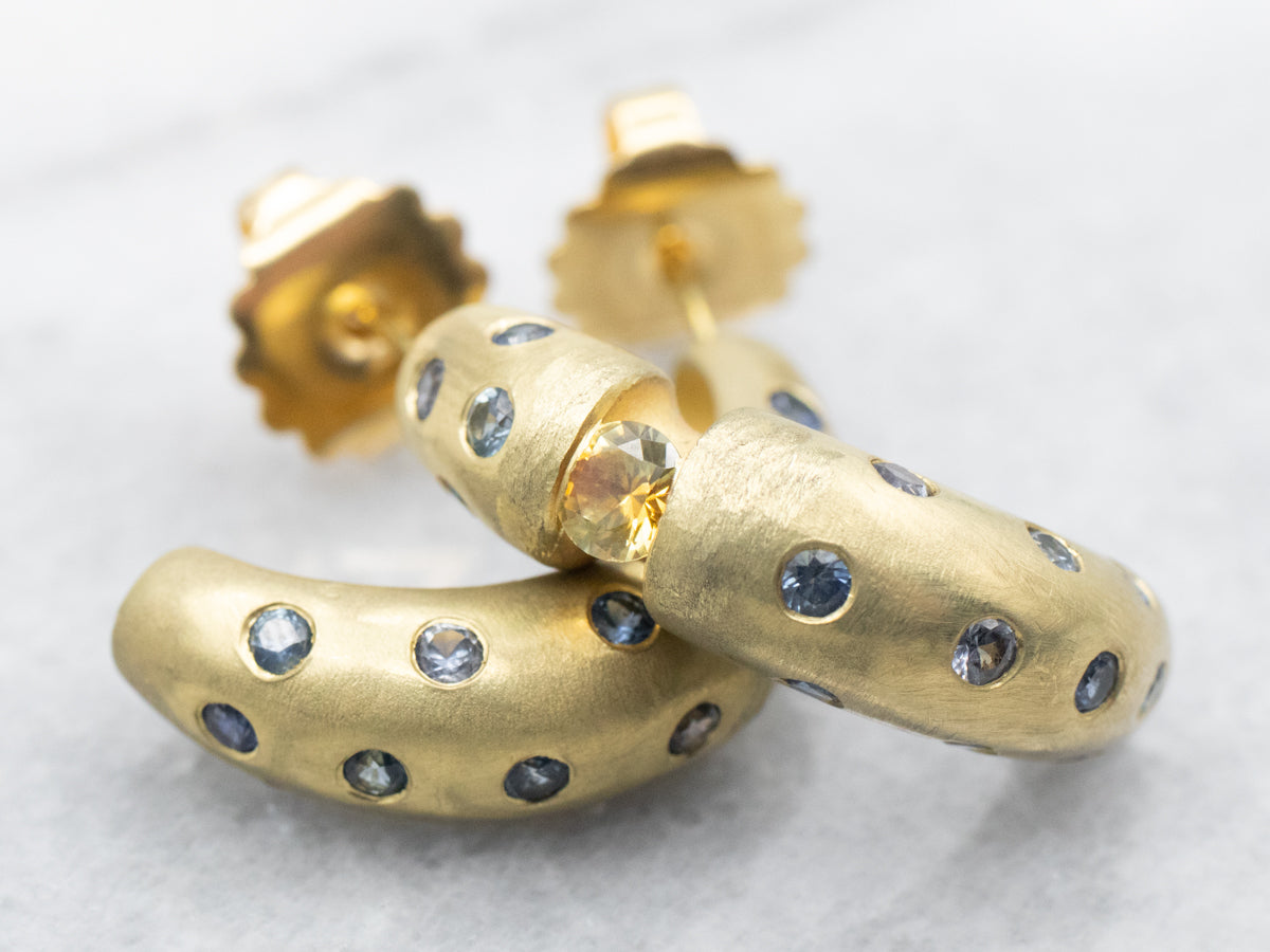 Yellow Gold Brushed Finished Yellow and Blue Sapphire Half Hoop Earrings