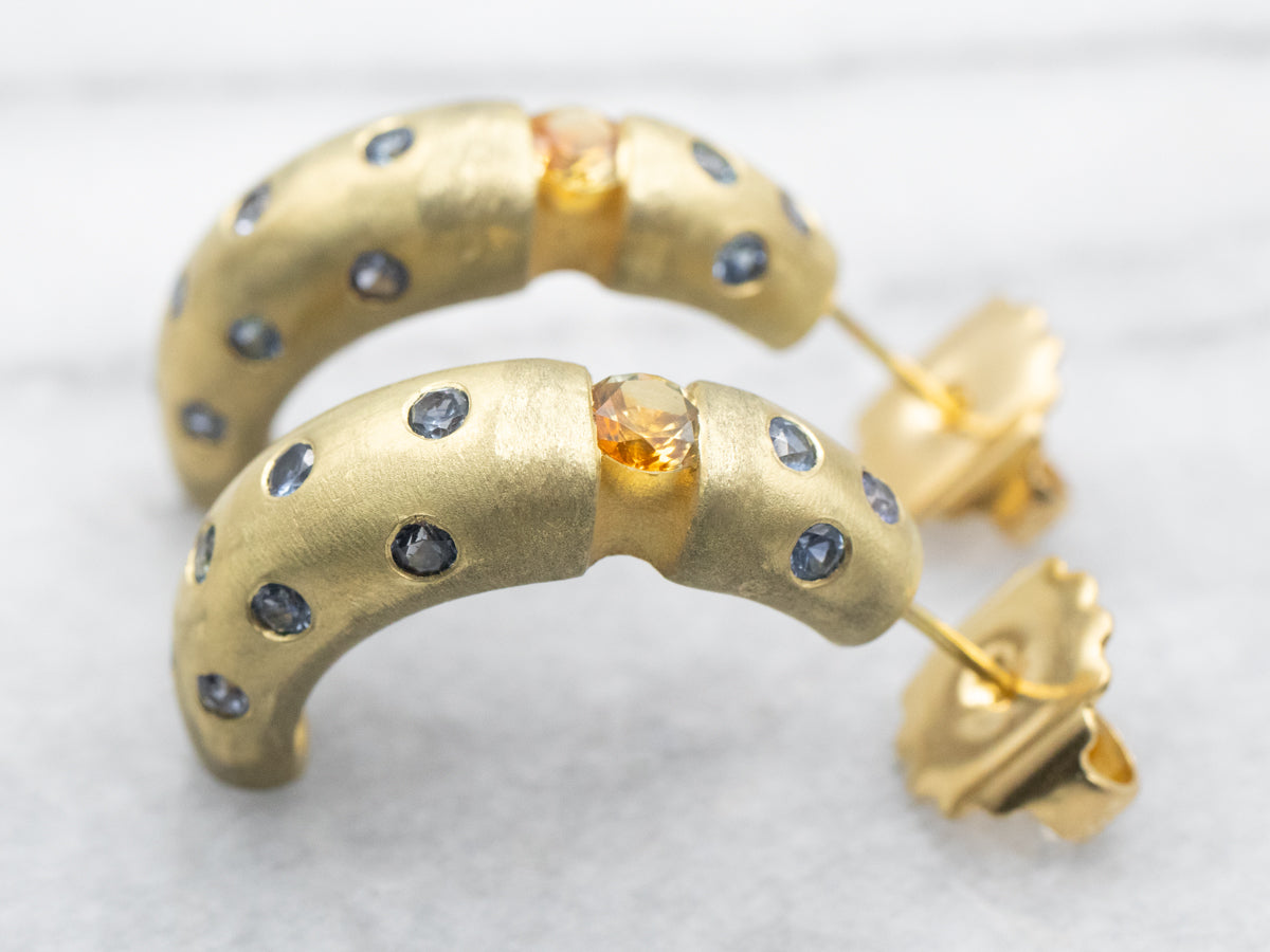 Yellow Gold Brushed Finished Yellow and Blue Sapphire Half Hoop Earrings