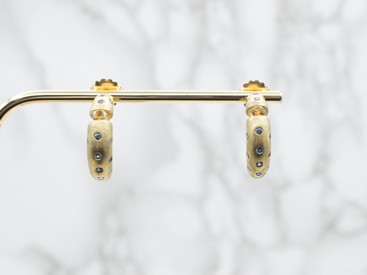 Yellow Gold Brushed Finished Yellow and Blue Sapphire Half Hoop Earrings