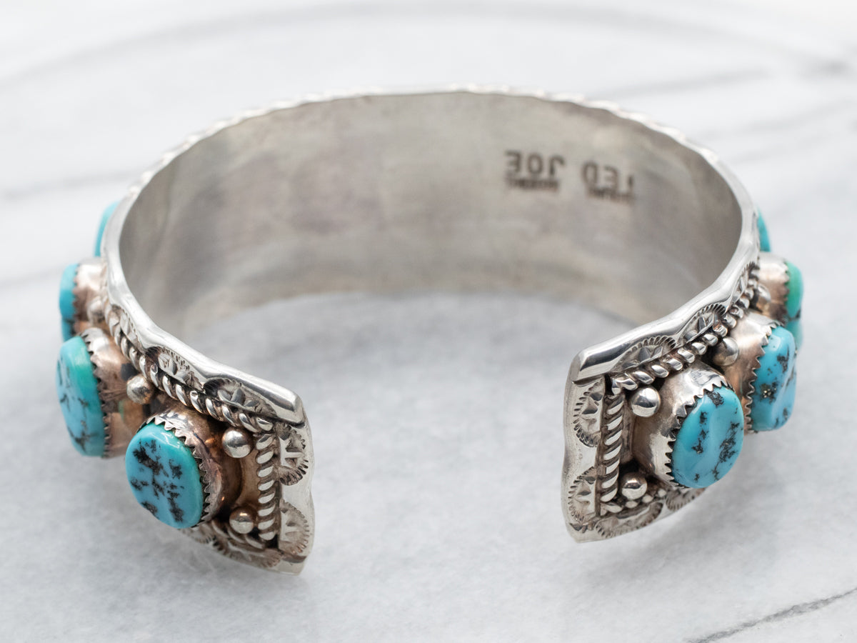 Sterling Silver Navajo Turquoise Cuff Bracelet by Artist Ted Joe