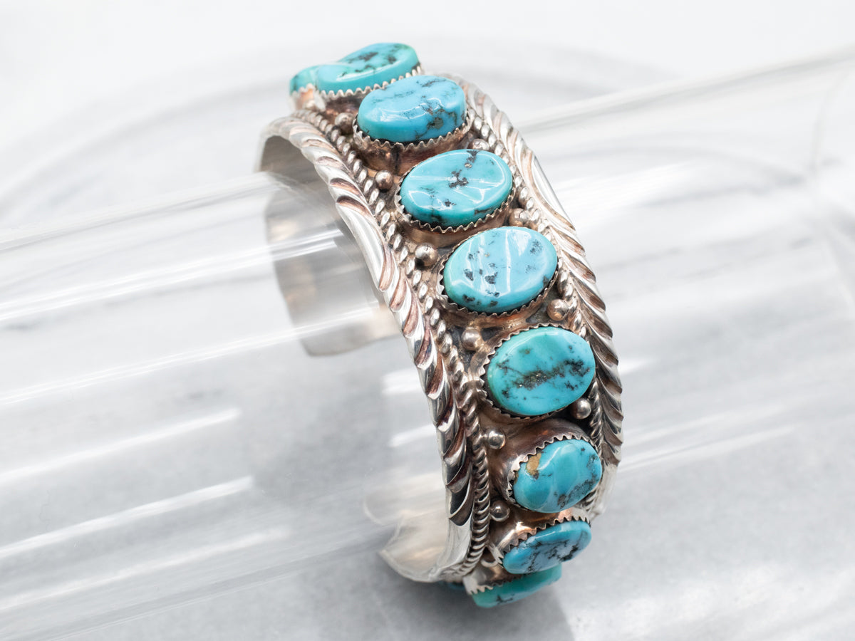 Sterling Silver Navajo Turquoise Cuff Bracelet by Artist Ted Joe