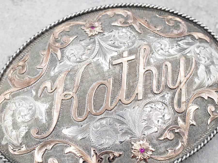 Sterling Silver and Rose Gold "KATHY" Belt Buckle with Ruby Accents
