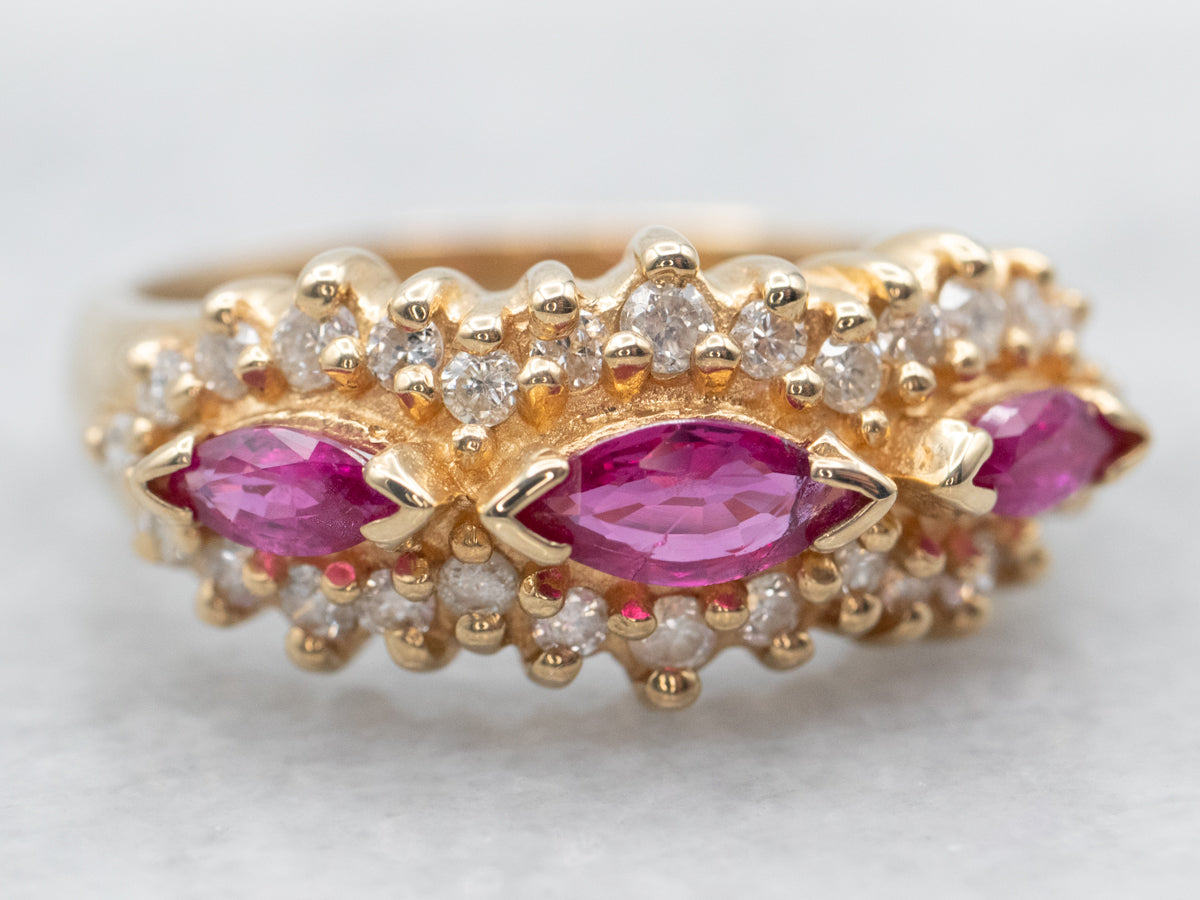 Yellow Gold East West Marquise Cut Ruby Ring with Diamond Accents