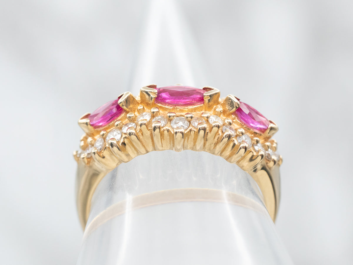Yellow Gold East West Marquise Cut Ruby Ring with Diamond Accents