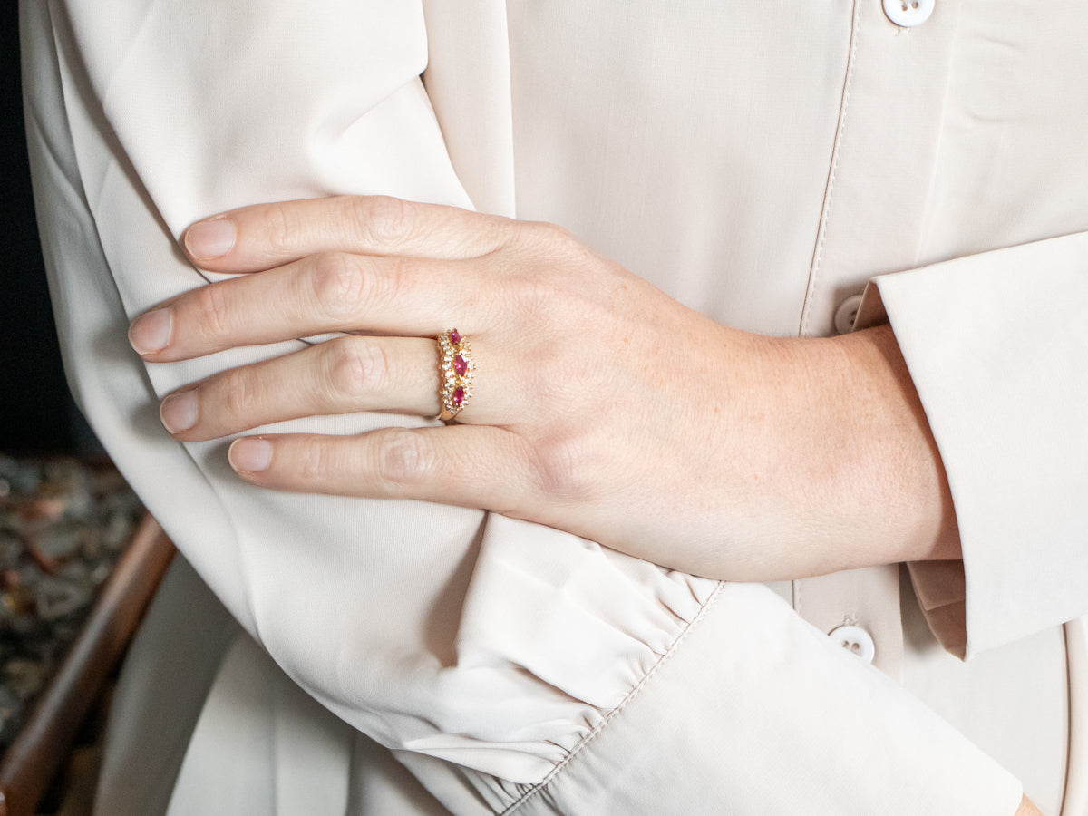 Yellow Gold East West Marquise Cut Ruby Ring with Diamond Accents