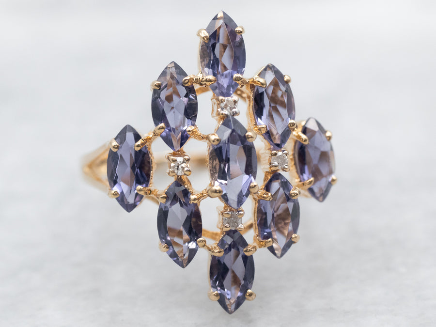 Yellow Gold Marquise Cut Iolite Cluster Ring With Diamond Accents