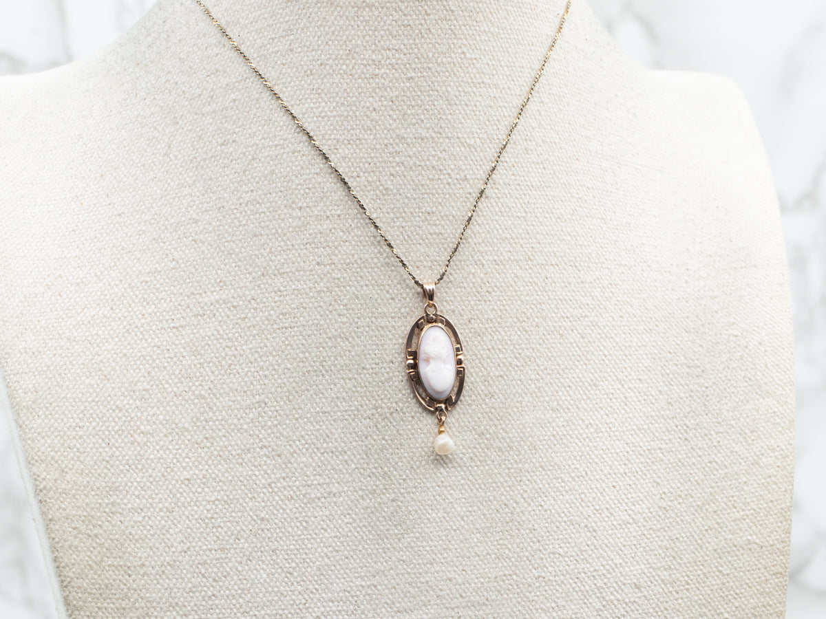 Antique Pink Shell Cameo Freshwater Pearl Pendant