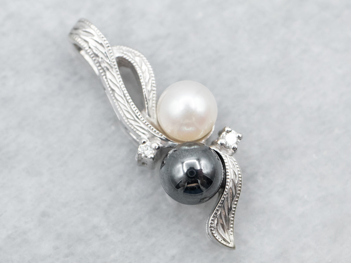 White Gold Saltwater Pearl and Hematite Pendant with Diamond Accents
