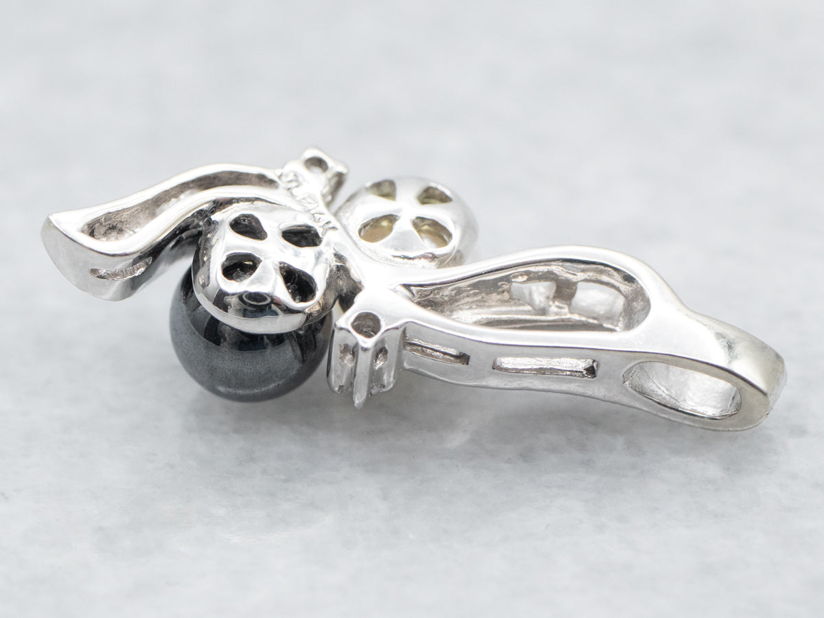 White Gold Saltwater Pearl and Hematite Pendant with Diamond Accents