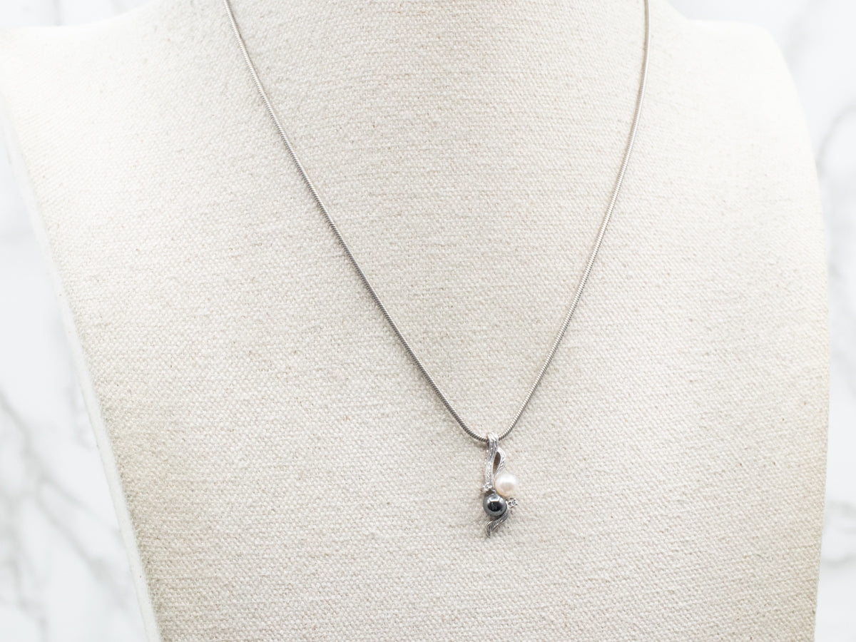 White Gold Saltwater Pearl and Hematite Pendant with Diamond Accents