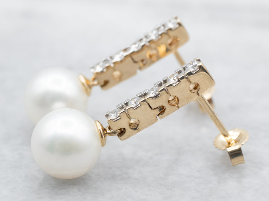 Yellow Gold Saltwater Pearl and Diamond Stud Earrings