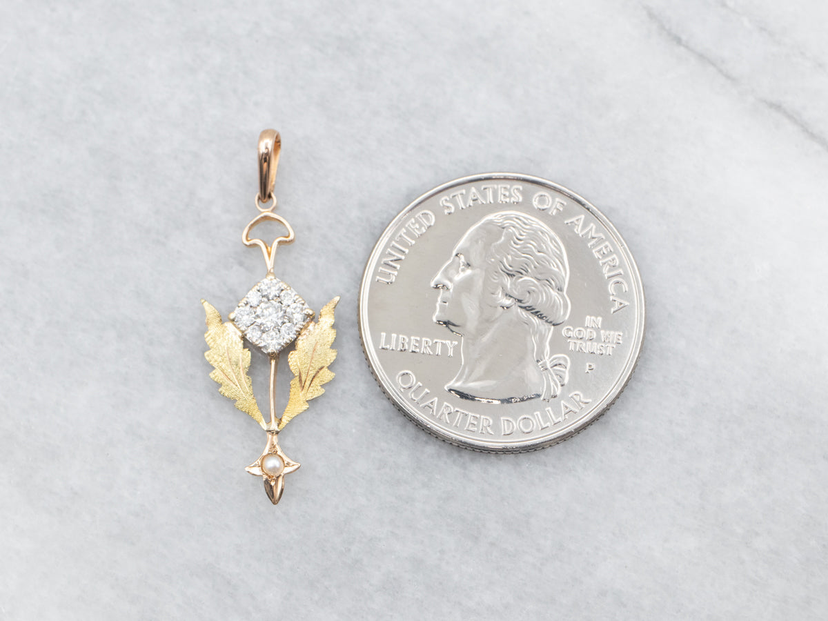 Yellow Gold Diamond Cluster Pendant with Seed Pearl Accent