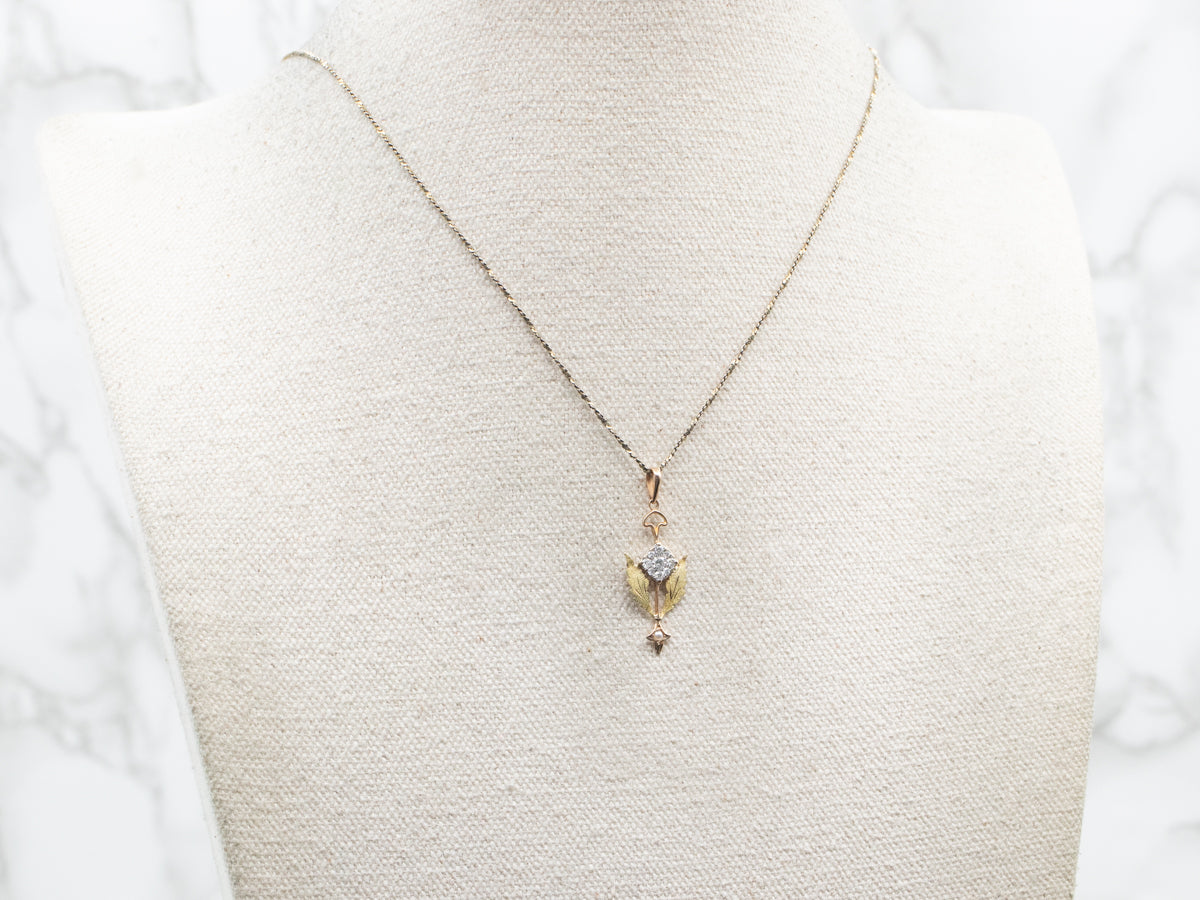 Yellow Gold Diamond Cluster Pendant with Seed Pearl Accent