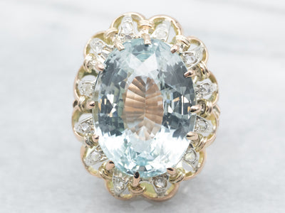 Scalloped Blue Topaz Cocktail Ring with Diamond Halo