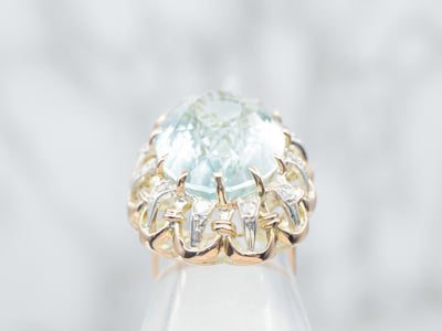 Scalloped Blue Topaz Cocktail Ring with Diamond Halo