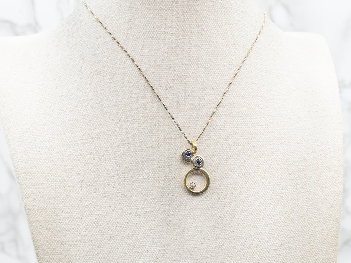 Modernist Old Mine Cut Diamond and Sapphire Pendant