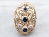 Bold Scrolling Gold Sapphire and Diamond Statement Ring