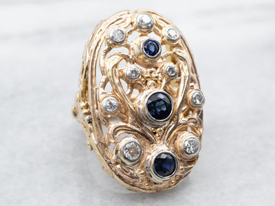 Bold Scrolling Gold Sapphire and Diamond Statement Ring