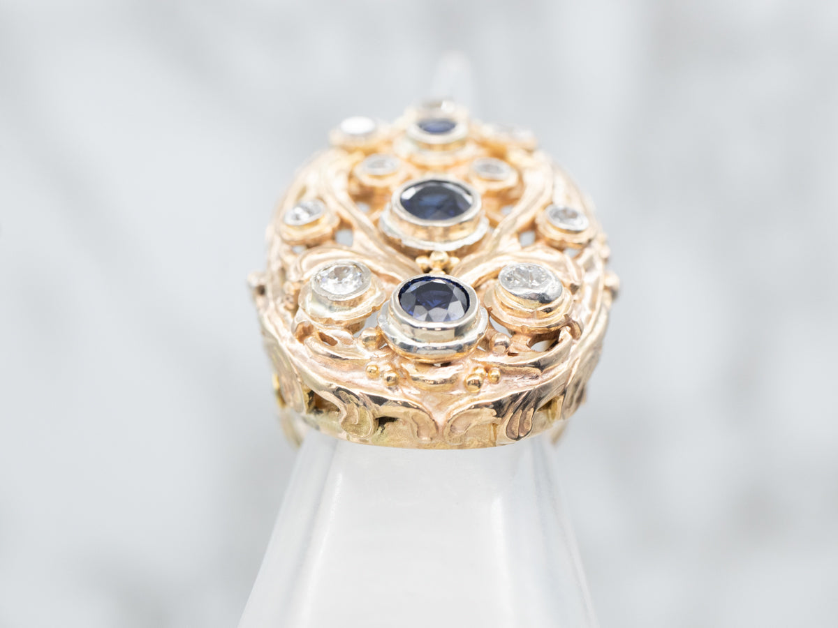Bold Scrolling Gold Sapphire and Diamond Statement Ring