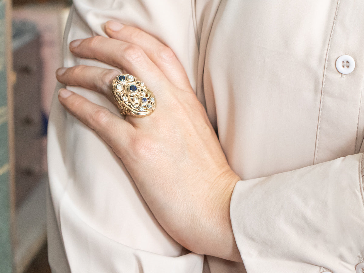 Bold Scrolling Gold Sapphire and Diamond Statement Ring
