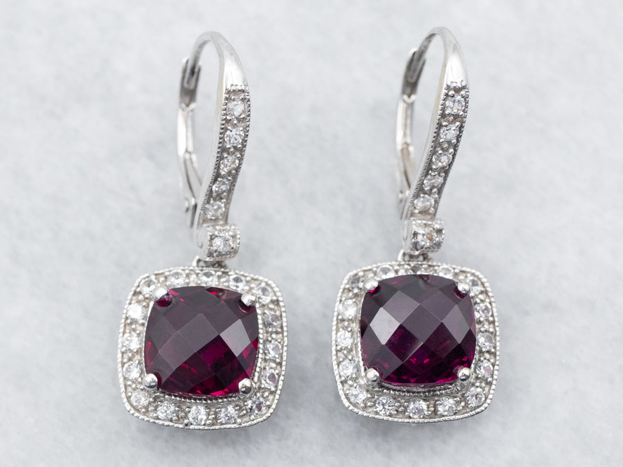 Rhodolite Garnet Drop Earrings with Diamond Halo