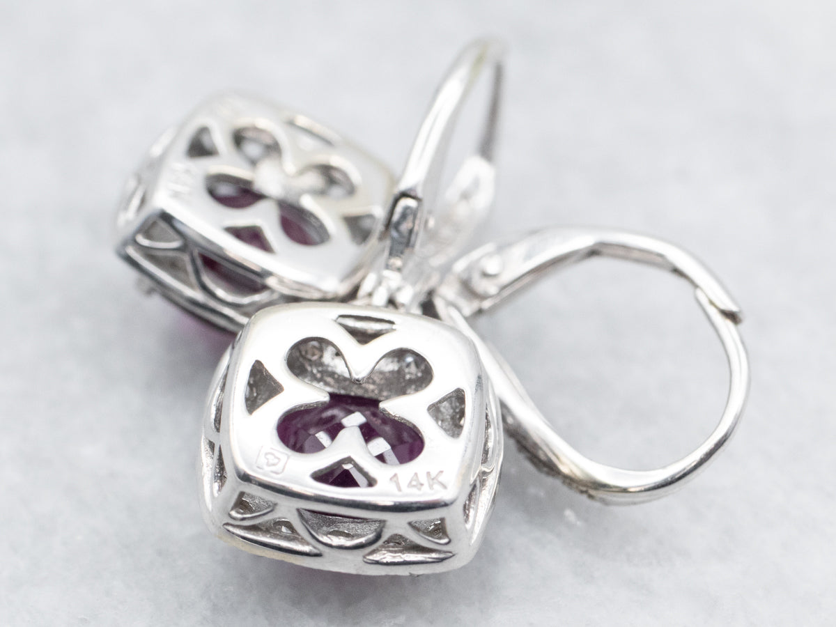 Rhodolite Garnet Drop Earrings with Diamond Halo