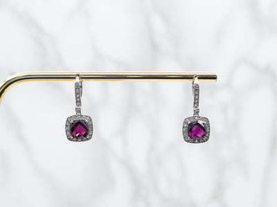 Rhodolite Garnet Drop Earrings with Diamond Halo