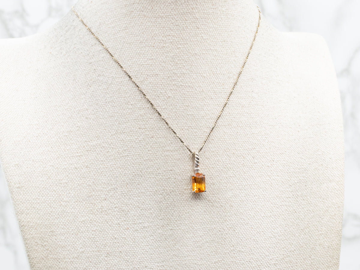 Emerald Cut Citrine Pendant with Diamond Accent