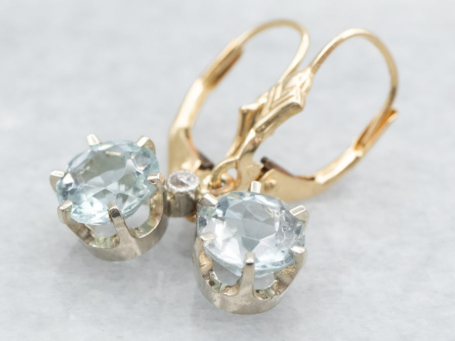 Yellow and White Gold Round Cut Blue Topaz Drop Earrings with Old Mine Cut Diamond Accents