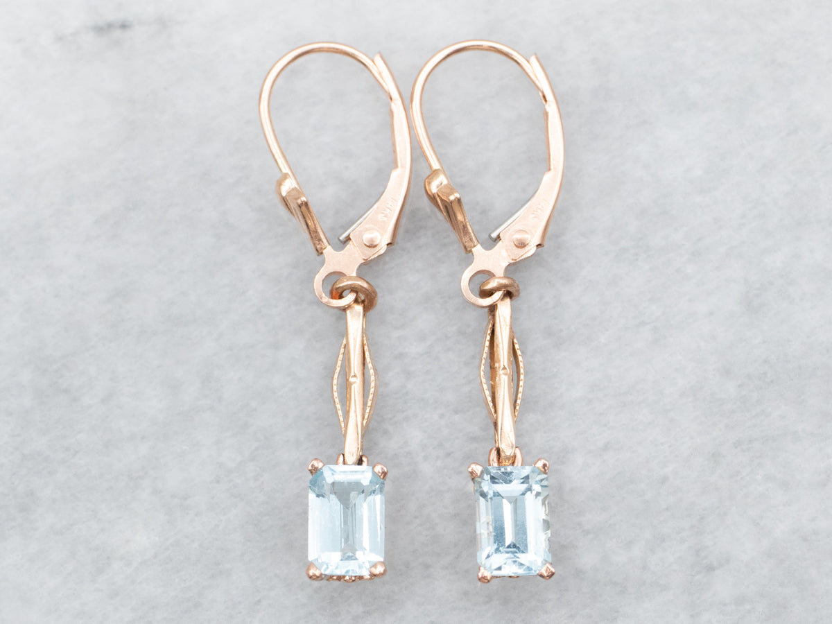 Rose Gold Emerald Cut Blue Topaz Drop Earrings