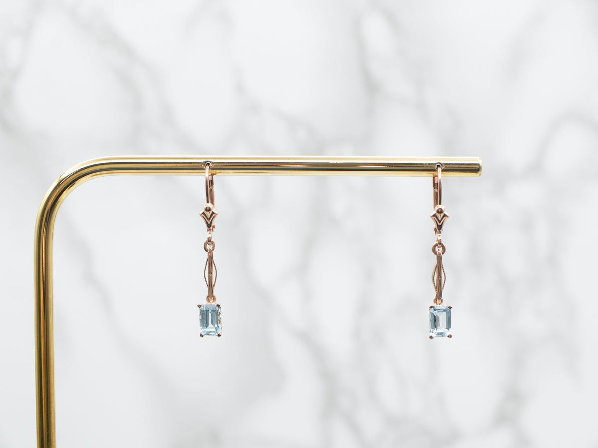 Rose Gold Emerald Cut Blue Topaz Drop Earrings