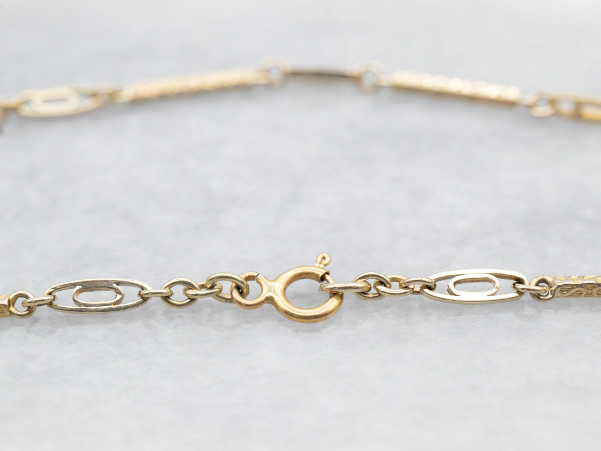 Yellow Gold Textured Bar Link Chain with Spring Ring Clasp