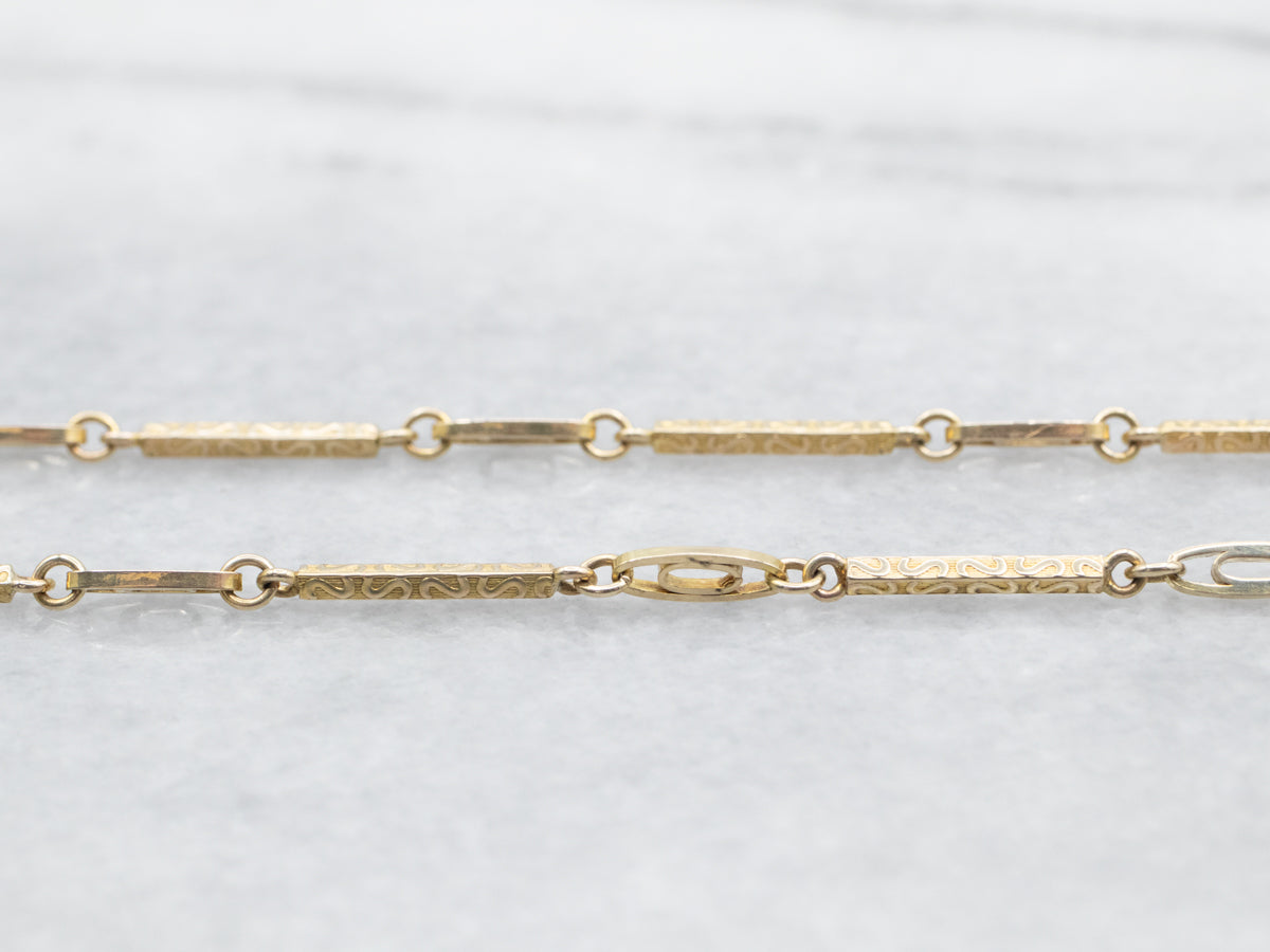 Yellow Gold Textured Bar Link Chain with Spring Ring Clasp