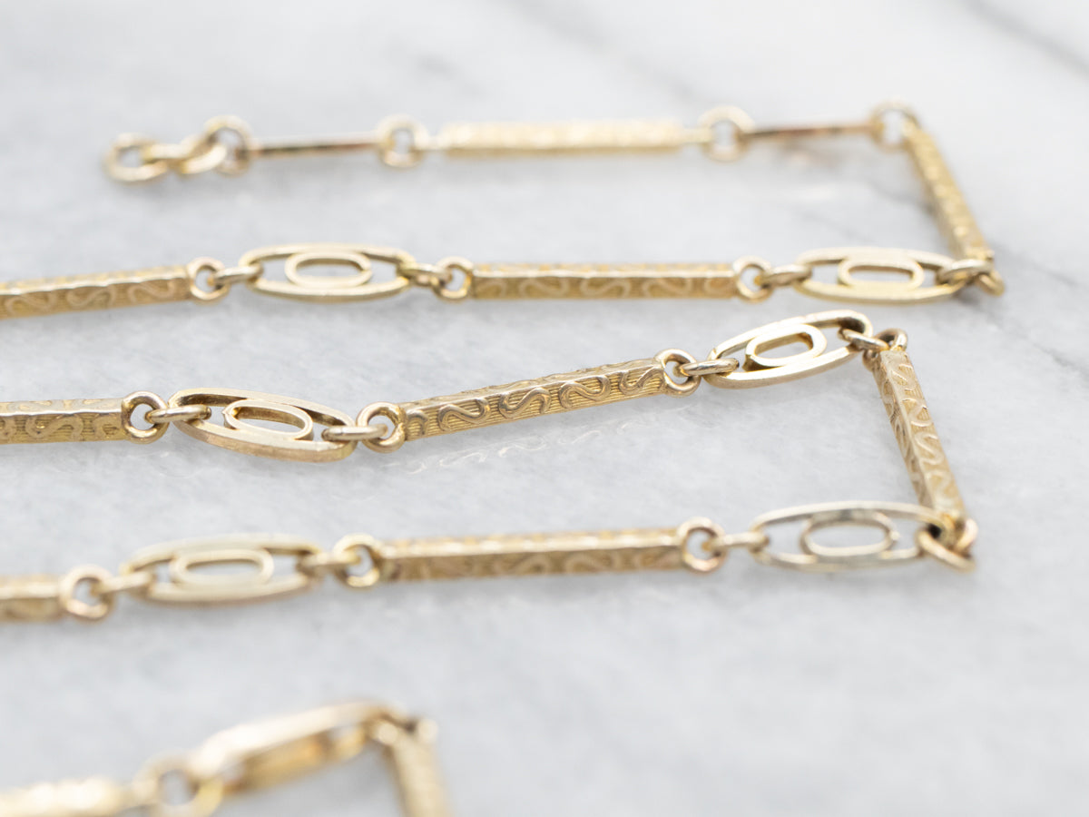 Yellow Gold Textured Bar Link Chain with Spring Ring Clasp