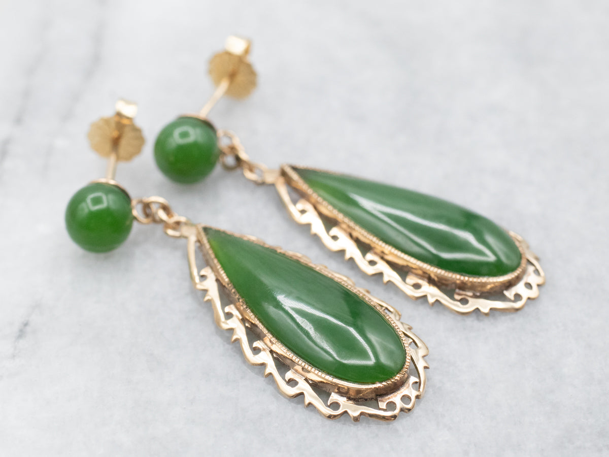 Yellow Gold Pear and Round Cut Jade Drop Earrings