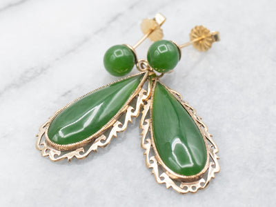 Yellow Gold Pear and Round Cut Jade Drop Earrings