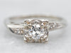 White Gold European Cut Diamond Engagement Ring with Diamond Halo and Diamond Shoulders