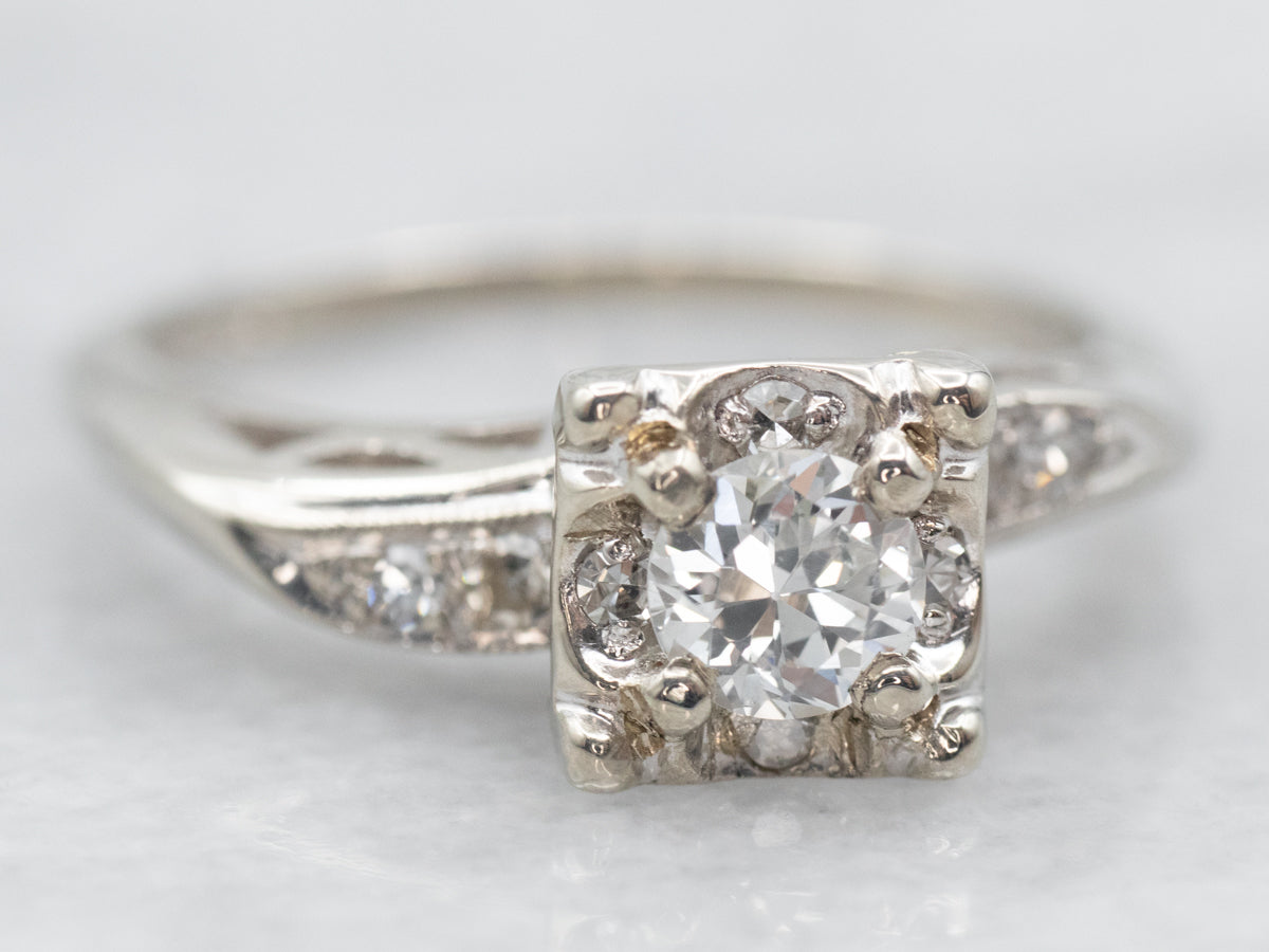 White Gold European Cut Diamond Engagement Ring with Diamond Halo and Diamond Shoulders