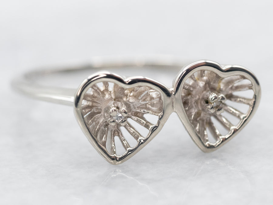 White Gold Hearts Ring with Diamond Accents