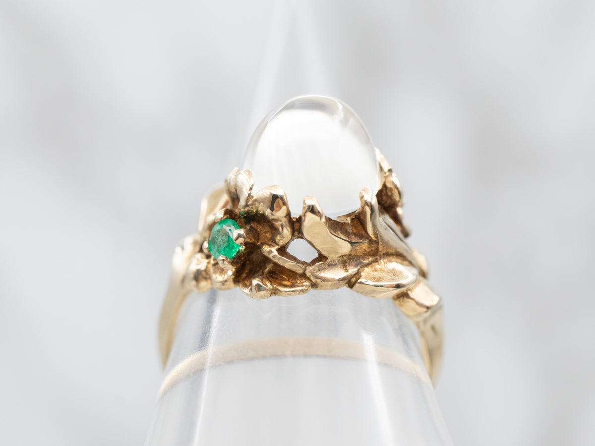 Yellow Gold Moonstone Ring with Emerald Accents