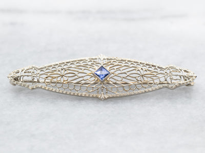 White Gold Art Deco Synthetic Sapphire Filigree Brooch