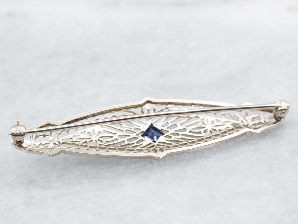 White Gold Art Deco Synthetic Sapphire Filigree Brooch