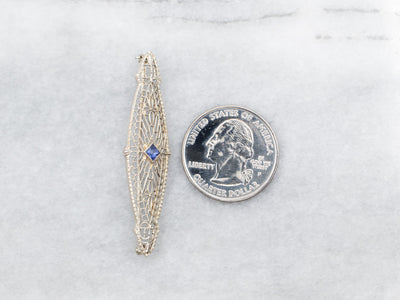White Gold Art Deco Synthetic Sapphire Filigree Brooch