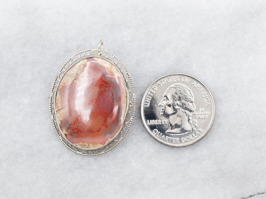 White Gold Agate Brooch or Pendant with Filigree Frame