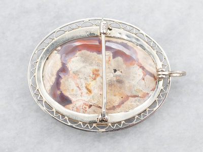 White Gold Agate Brooch or Pendant with Filigree Frame