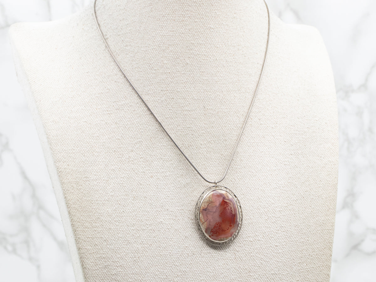 White Gold Agate Brooch or Pendant with Filigree Frame