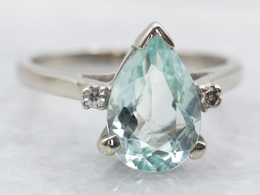White Gold Pear Cut Beryl Ring with Diamond Accents