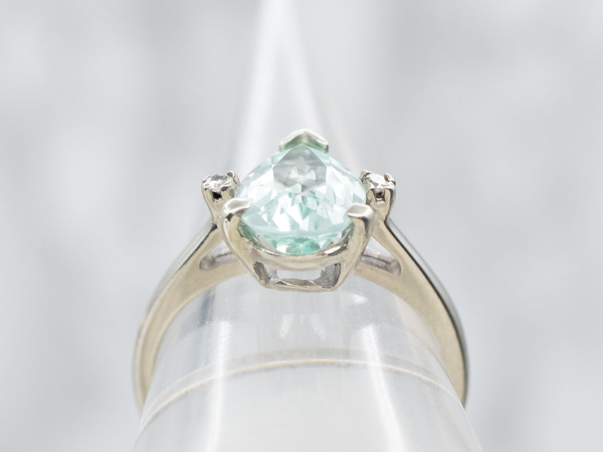 White Gold Pear Cut Beryl Ring with Diamond Accents